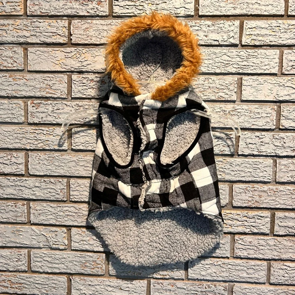 Buffalo Plaid Dog Parka Faux Fur Hood Toggle Vest Black White Medium